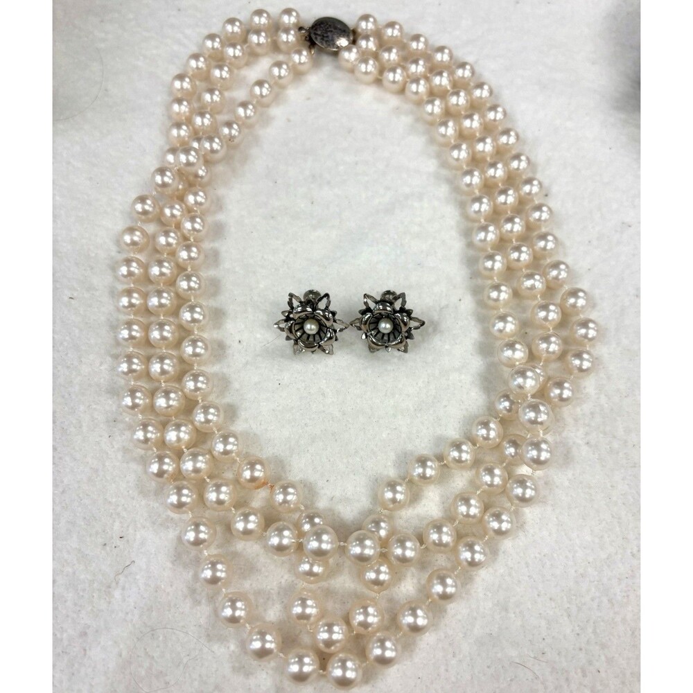 Vintage 3 Strand Faux Pearl Necklace 22” Floral Screw Back Earrings Lot